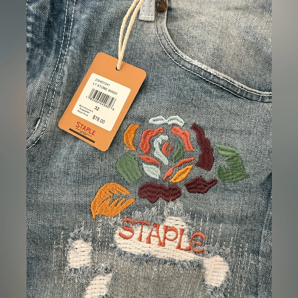 Staple Pigeon Embroidered Denim 32 Shorts Light Stone Wash Floral Distressed NWT - Picture 4 of 11